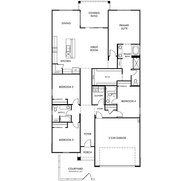 Black and white floor plan showing four bedrooms, two bathrooms, kitchen, great room, dining area, laundry, foyer, porch, two-car garage, covered patio, and courtyard with a tricycle.