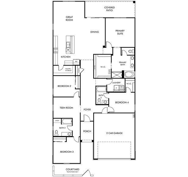 Black and white floor plan featuring four bedrooms, three bathrooms, a kitchen, dining area, great room, teen room, porch, 2-car garage, covered patio, and a courtyard.
