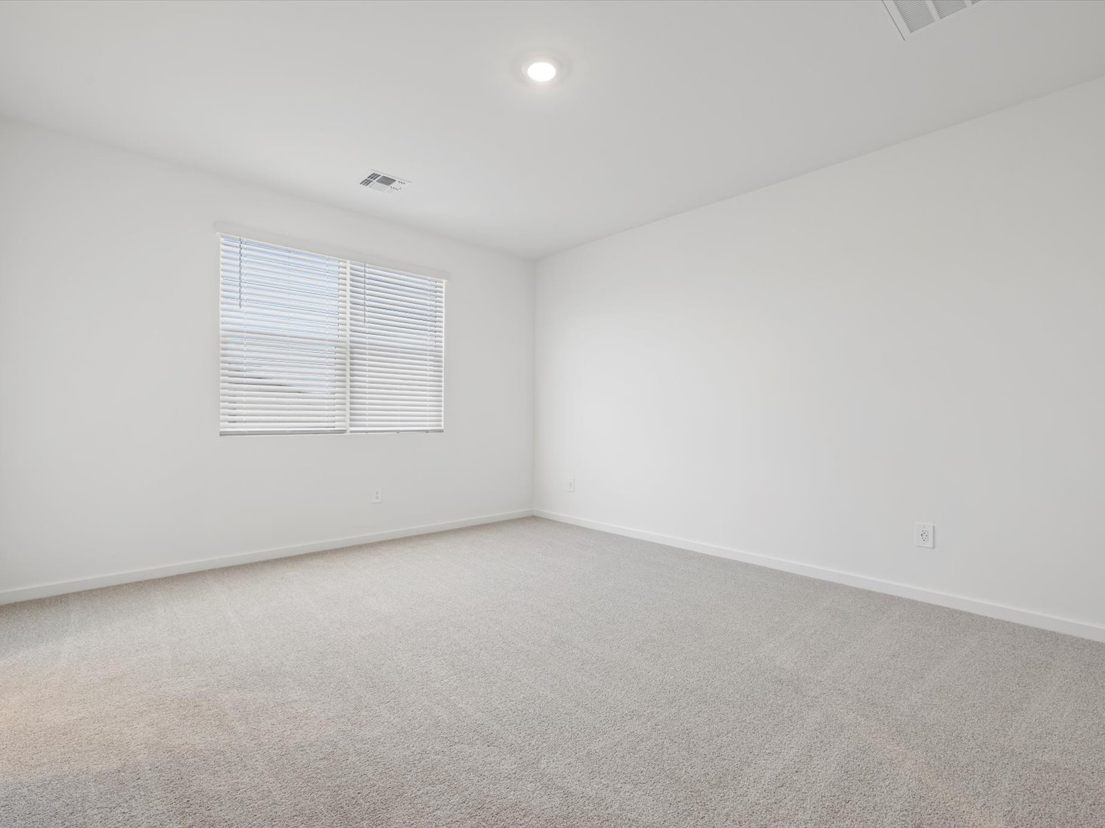 Empty room with beige carpet, white walls, a window with closed blinds, and a ceiling light.