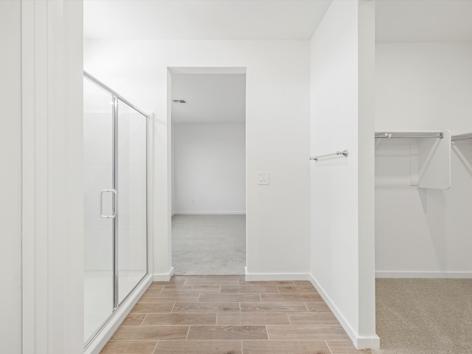 Modern bathroom with a glass shower on the left, a towel bar on the right wall, and a walk-in closet with shelving and carpeted floor. Light fills the space from an adjacent room.
