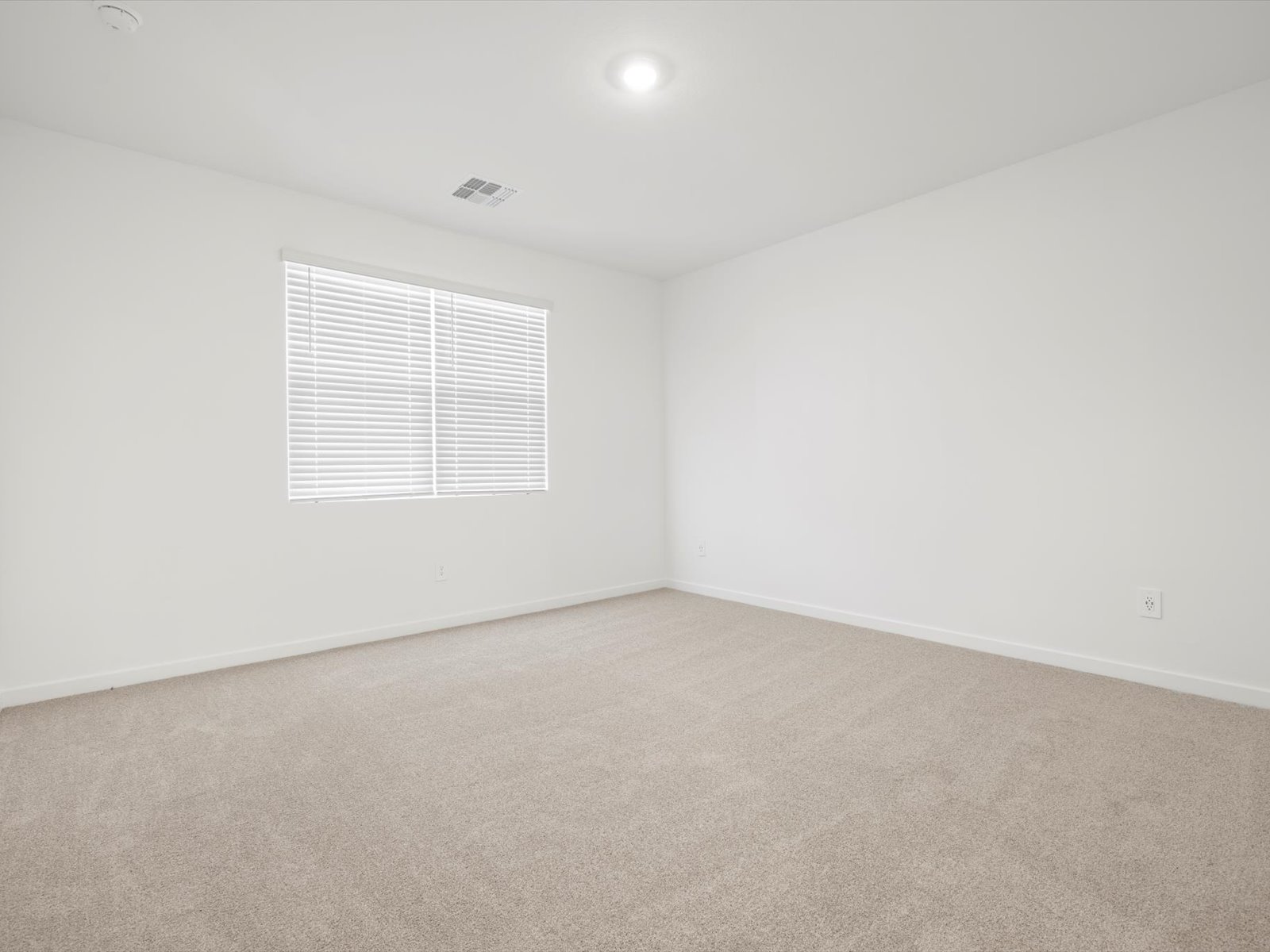 Empty room with beige carpet, white walls, a single window with closed blinds, and a ceiling light.