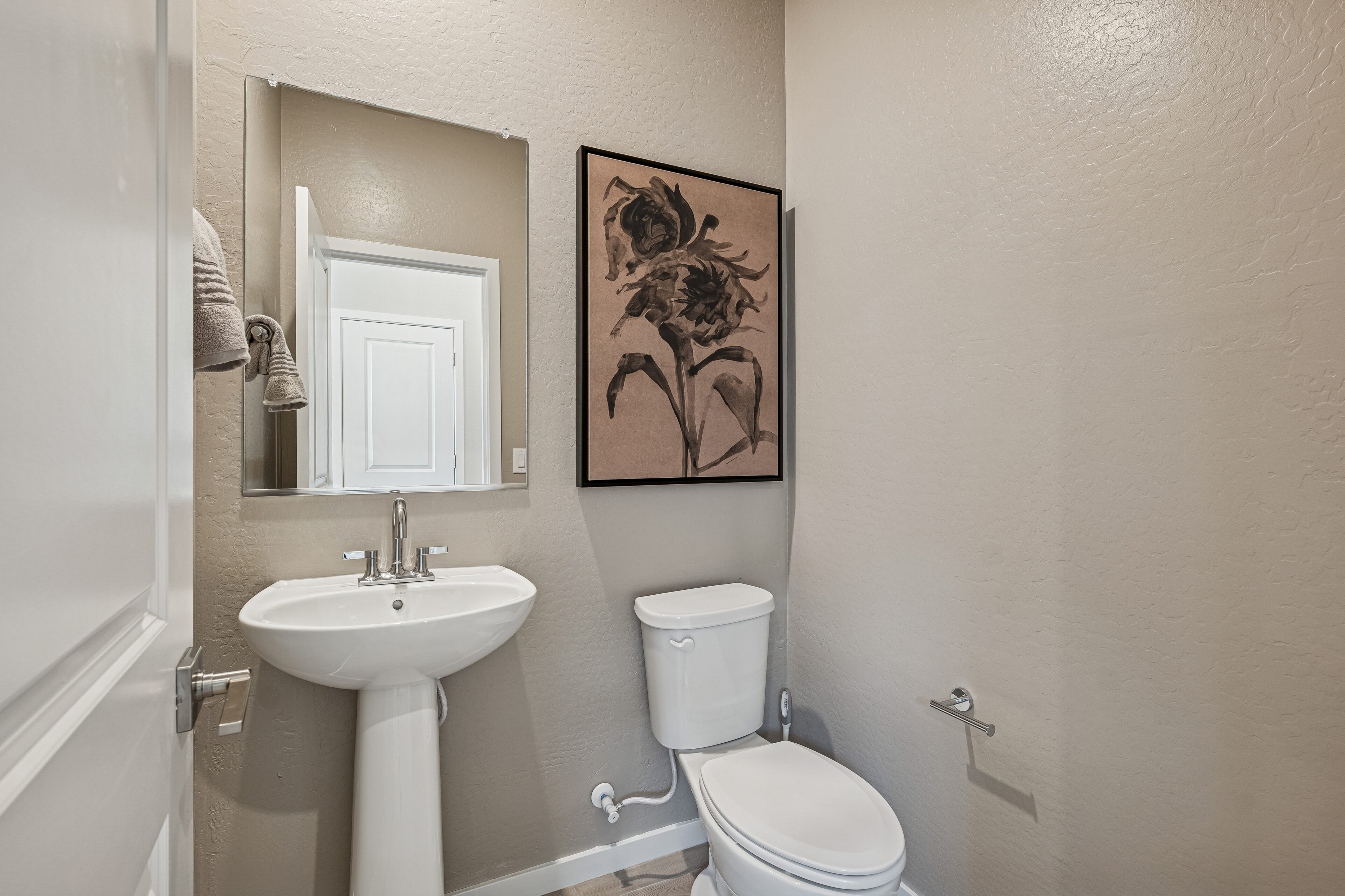Small bathroom with a pedestal sink, wall-mounted mirror, white toilet, towel ring, toilet paper holder, and a large floral artwork on the wall above the toilet.