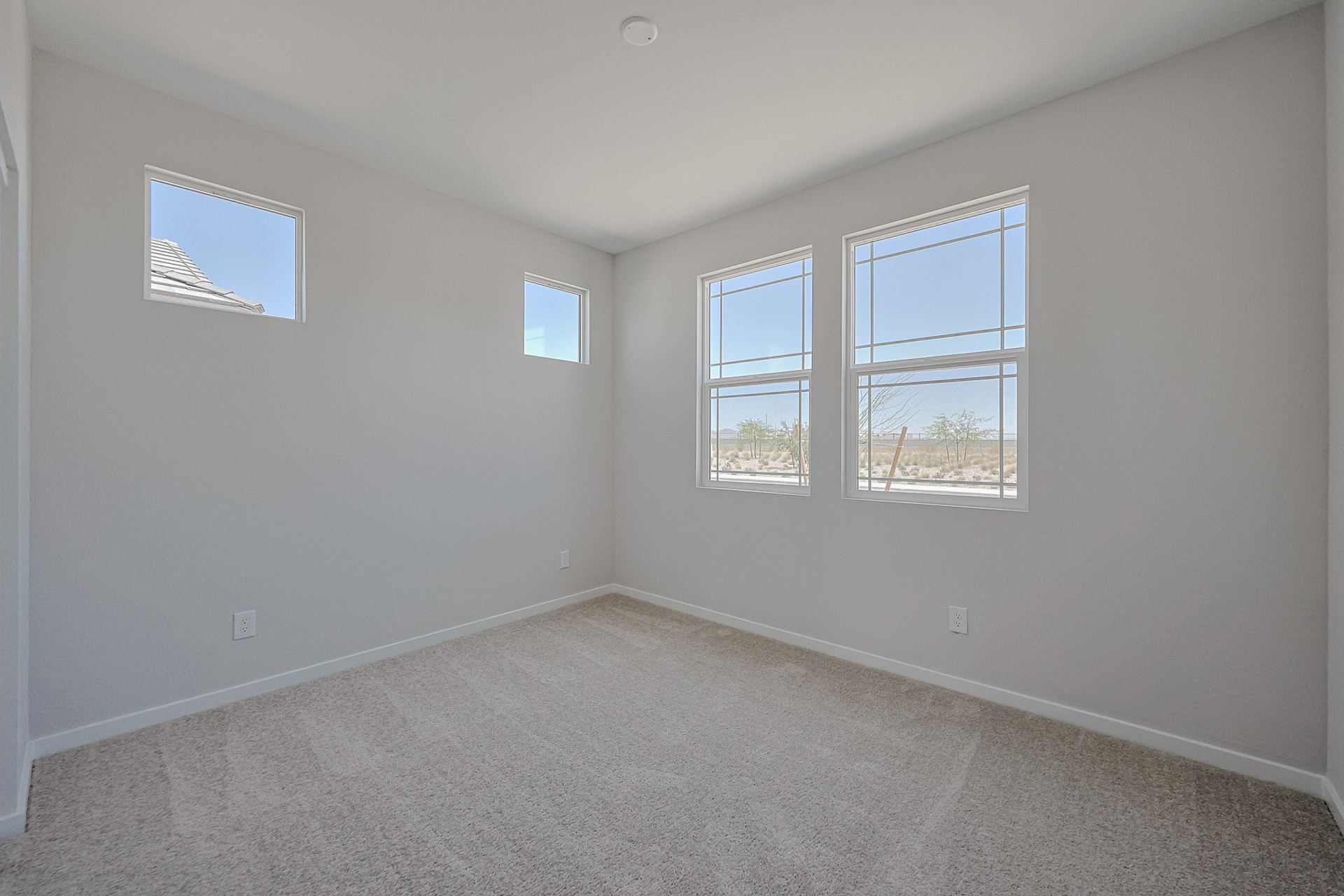 Empty carpeted room with four windows, white walls, and natural light coming in. The room appears clean and unfurnished.
